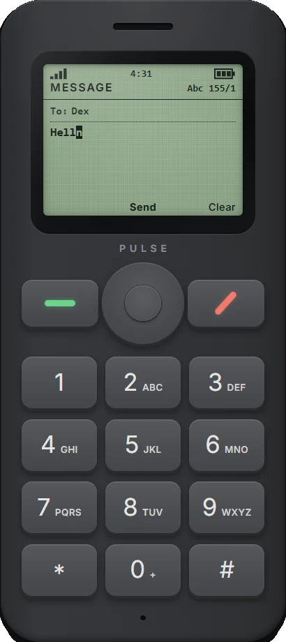 Burner: writing a text to Dex with T9, the word being typed underlined.