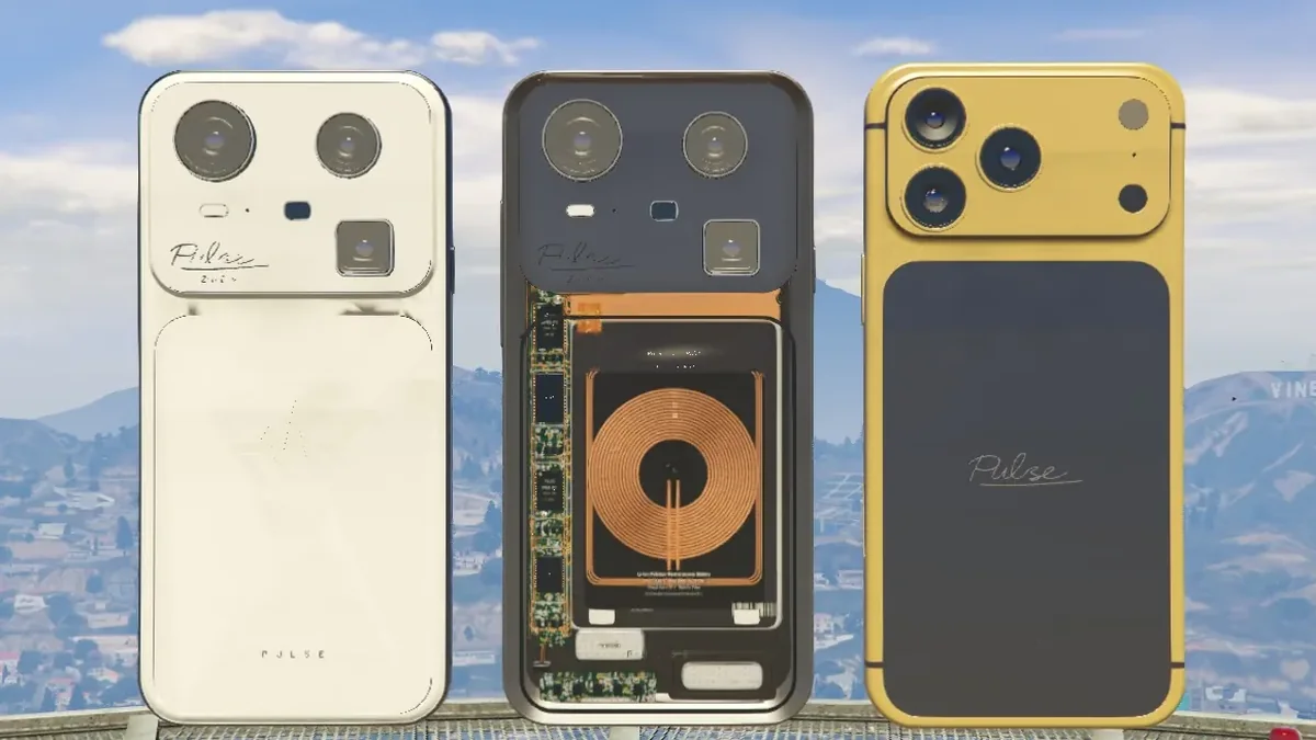 In game: three Pulse phones standing on a rooftop, in Tuxedo, Black Titanium and Royal Gold.