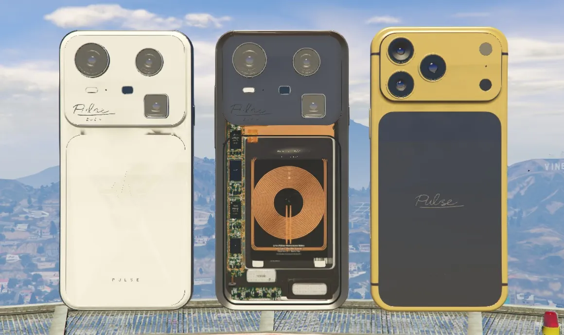 In game: three Pulse phones in Tuxedo, Black Titanium and Royal Gold on a rooftop.