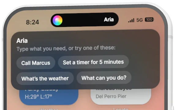 Aria open in the Island: type what you need, with suggestions such as Call Marcus and Set a timer for 5 minutes.