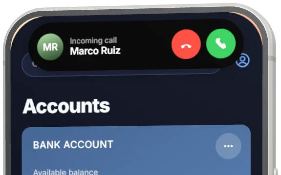 An incoming call from Marco Ruiz in the Island, with decline and answer buttons.