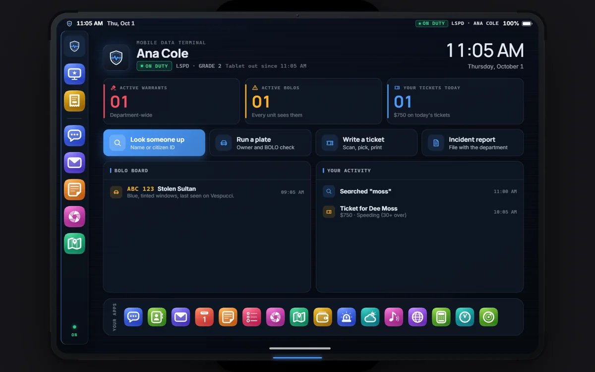 The police Pulse Tablet showing the MDT dashboard.