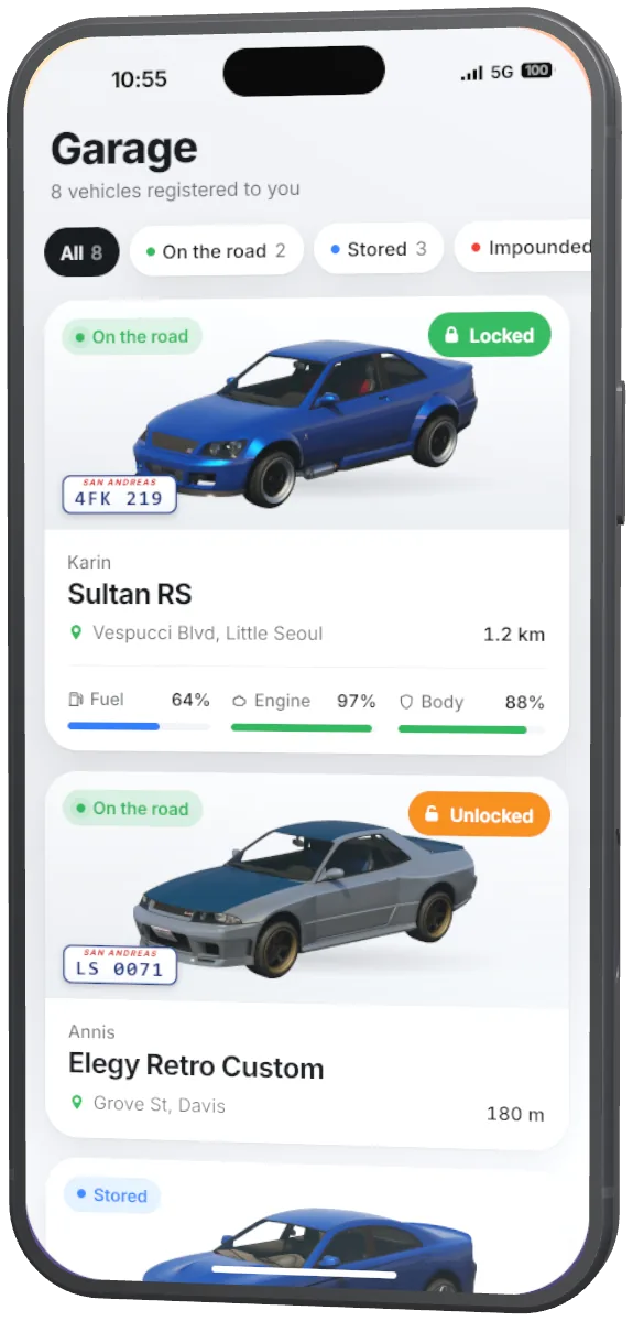 Garage: vehicles with their location and condition.
