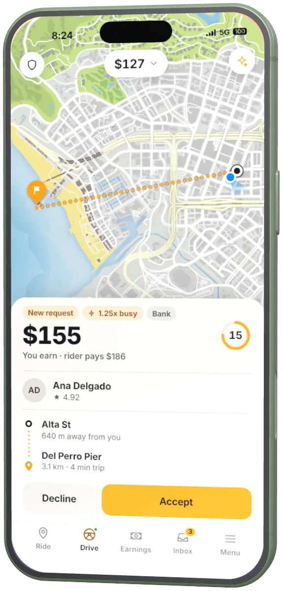 Hail, driver side: a new ride request for 155 dollars with Accept and Decline.
