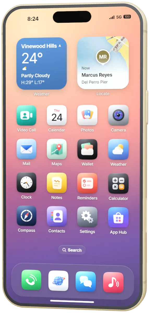 Home Screen with Weather and Locate widgets above the apps.