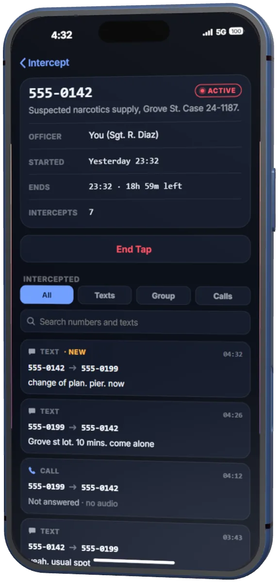 Intercept: tap 555-0142, active, with the officer, start and end times, and the intercepted texts and calls.