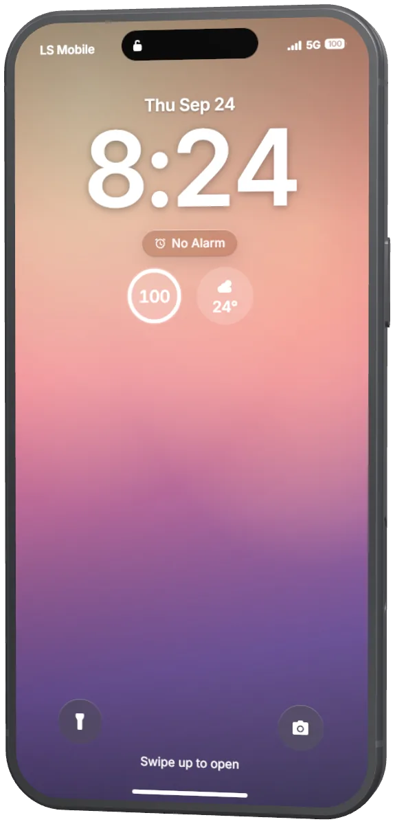 Lock Screen with a large clock, the date and two widgets.