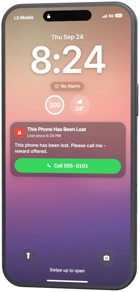 A Lock Screen in Lost Mode with the owner's message and one Call button.