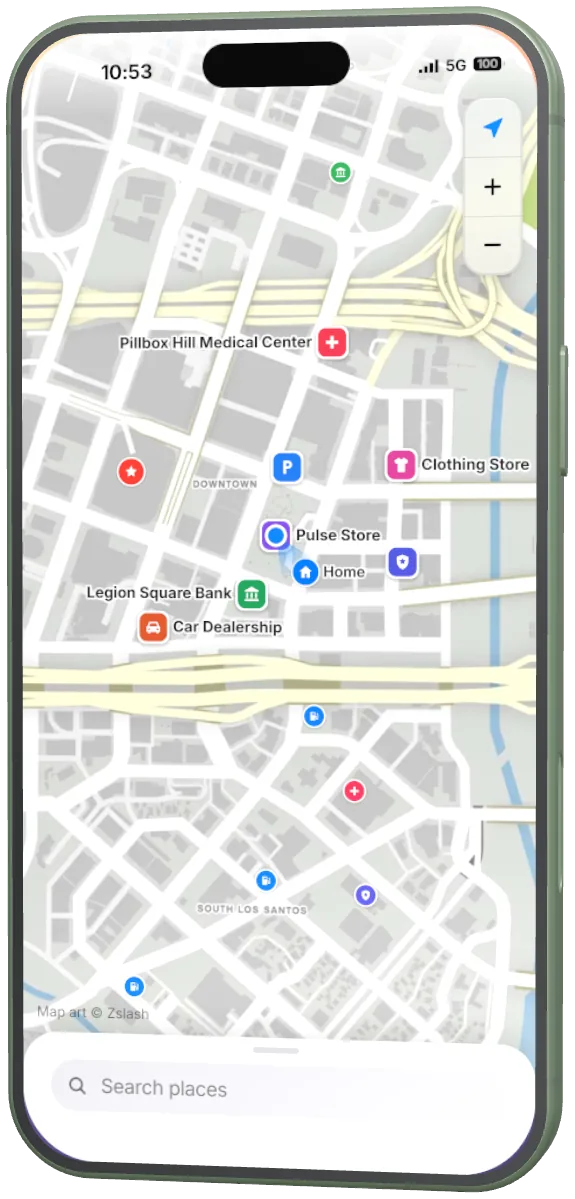Maps: the city map with places.