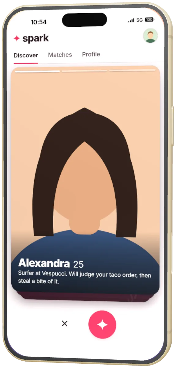Spark: a dating profile card.
