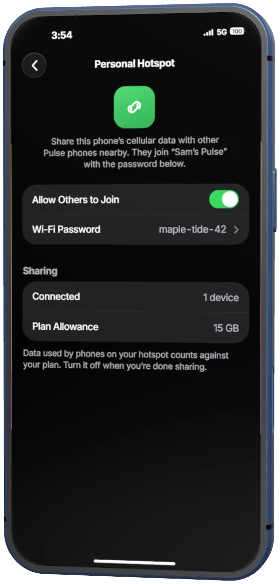 Personal Hotspot switched on, sharing with one device, with the Wi-Fi password and the plan allowance.