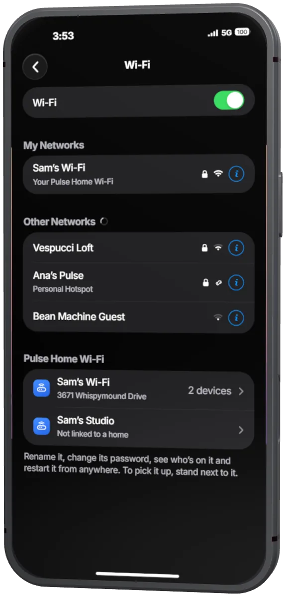 Settings, Wi-Fi: the player's own network, other networks nearby and their Pulse Home Wi-Fi routers.