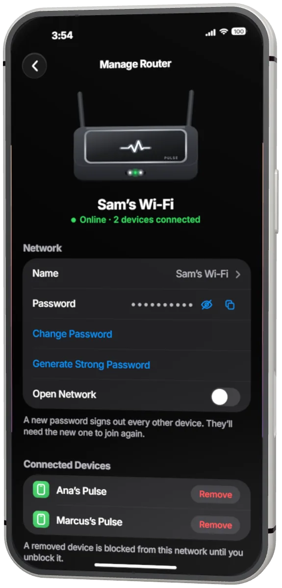 Manage Router for Sam's Wi-Fi: online with two devices, name, password, Generate Strong Password, Open Network and the connected devices with Remove.
