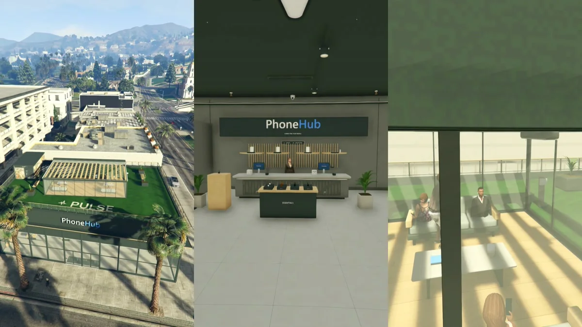 In game: the PhoneHub storefront, showroom and rooftop terrace, side by side.