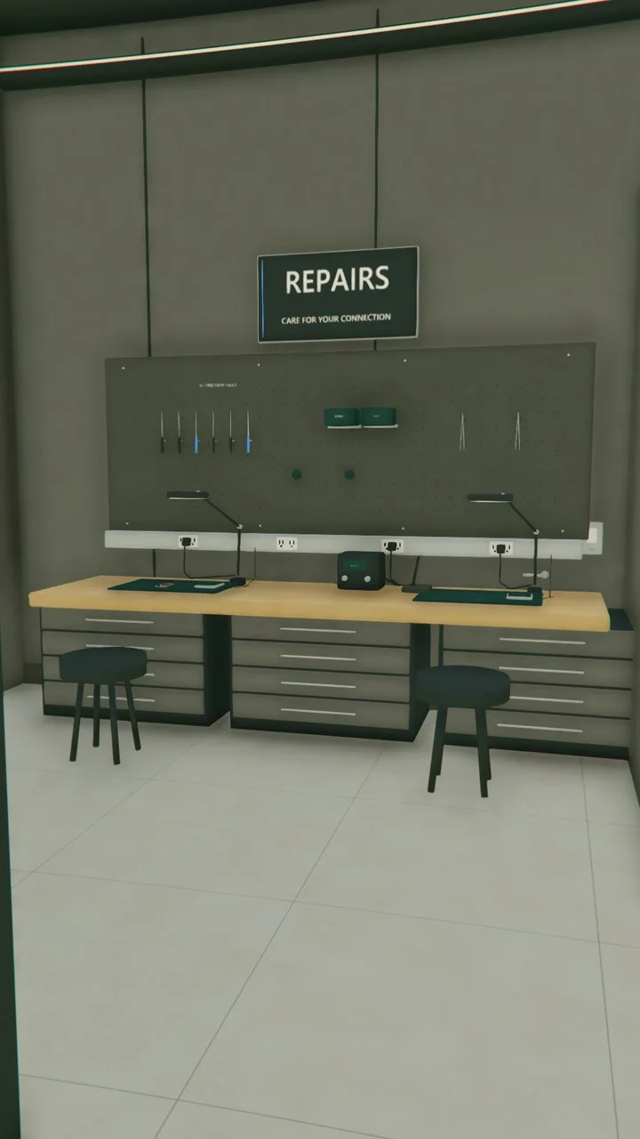 Still from the film: staff and customers at the service counter.