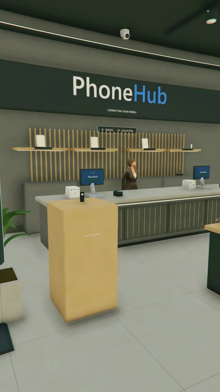 Still from the film: a Pulse handset turning on the kiosk screen.