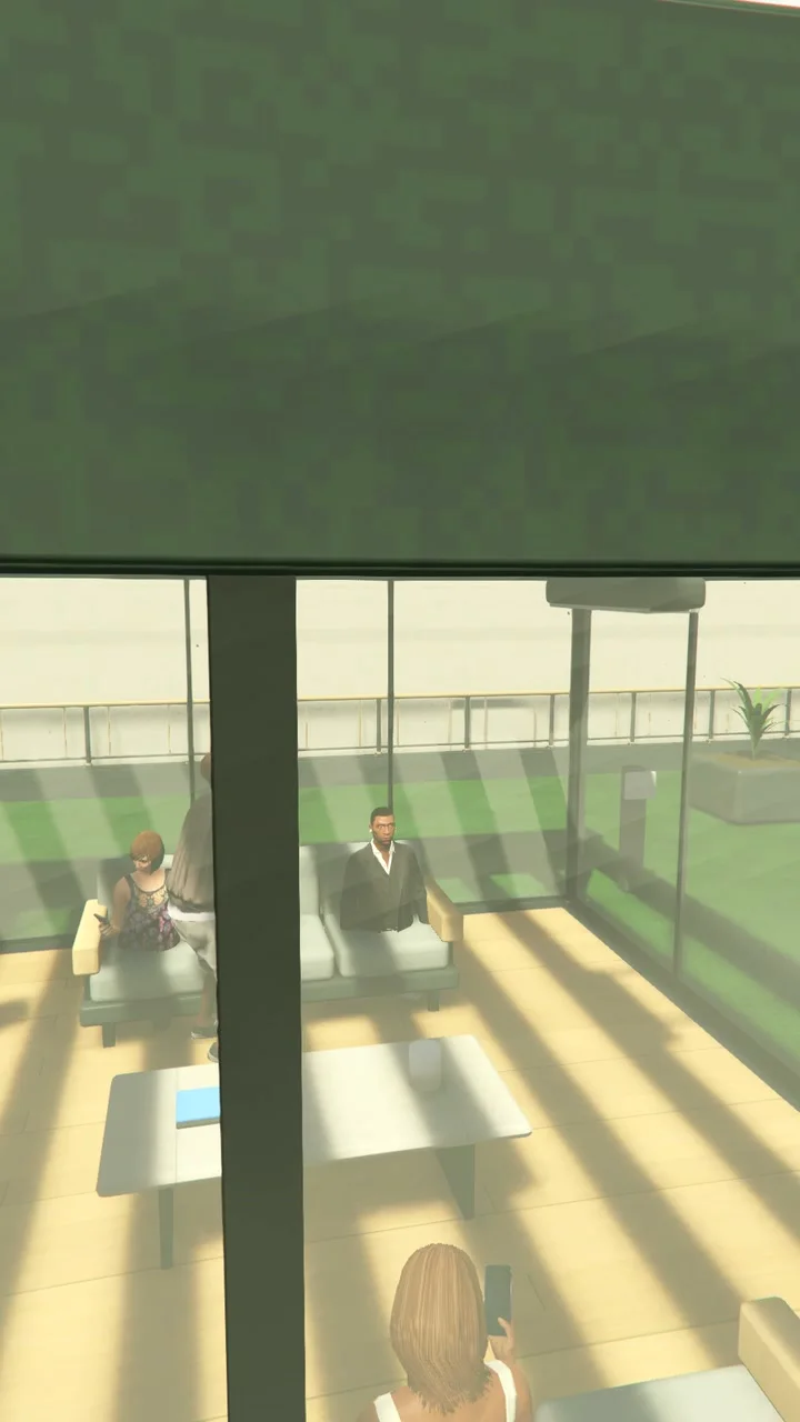 Still from the film: the business screen with the team and a hire list.