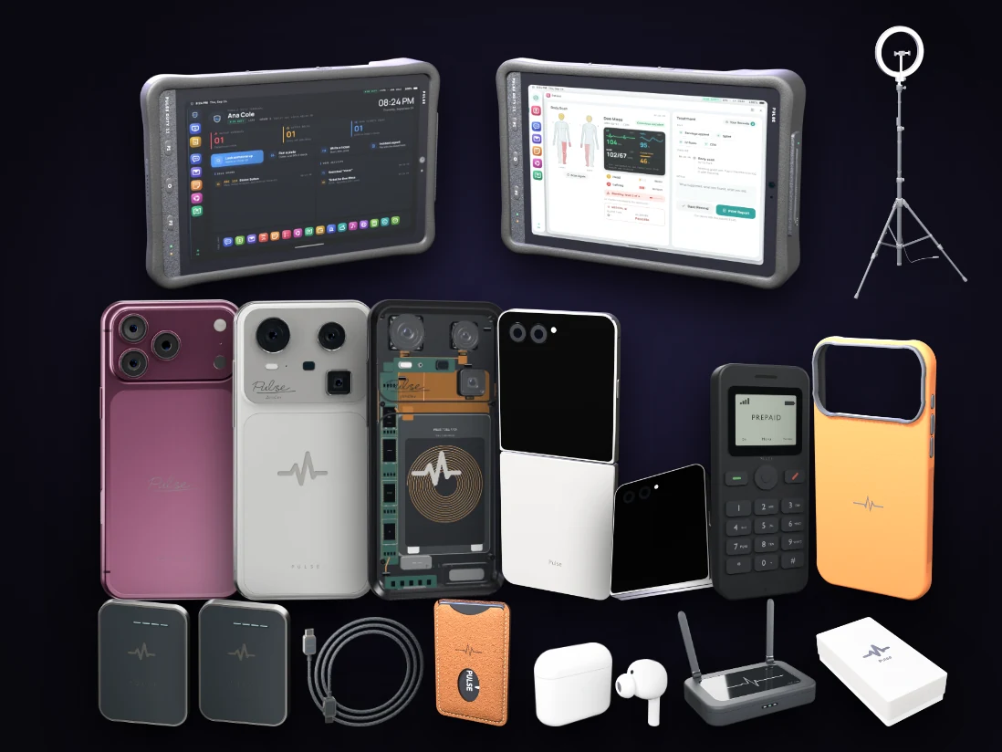Sve što Pulse Phone donosi: četiri telefona, policijski i EMS tableti, zatvoreni Pulse Flip, burner, maska, Reserve i Reserve Max, Link kabl, novčanik za kartice, Buds, ruter, telefon u kutiji i ring svjetlo.