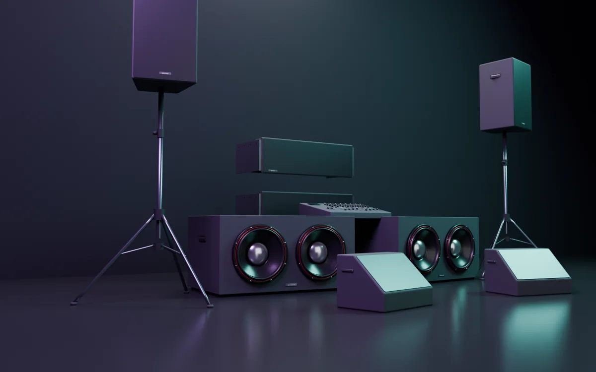 ชุดเครื่องเสียงคอนเสิร์ตพร้อมลำโพง PA บนขาตั้ง ซับ line array และมอนิเตอร์
