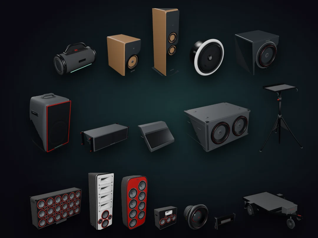 Alle ZeroDev Sound 3.0-modeller på én række: Roam, reolhøjttaler, tårnhøjttaler, loftshøjttaler, hjemme-subwoofer, PA, mixerstativ, monitor, koncert-subwoofer, line array, en højttalervæg, en hornsøjle, et barn-door-panel, en chuchero, en 18-tommer SX-sub, en forstærker og lydtraileren.